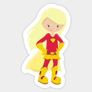 Superhero Girl, Blonde Hair, Hero, Red Costume Sticker